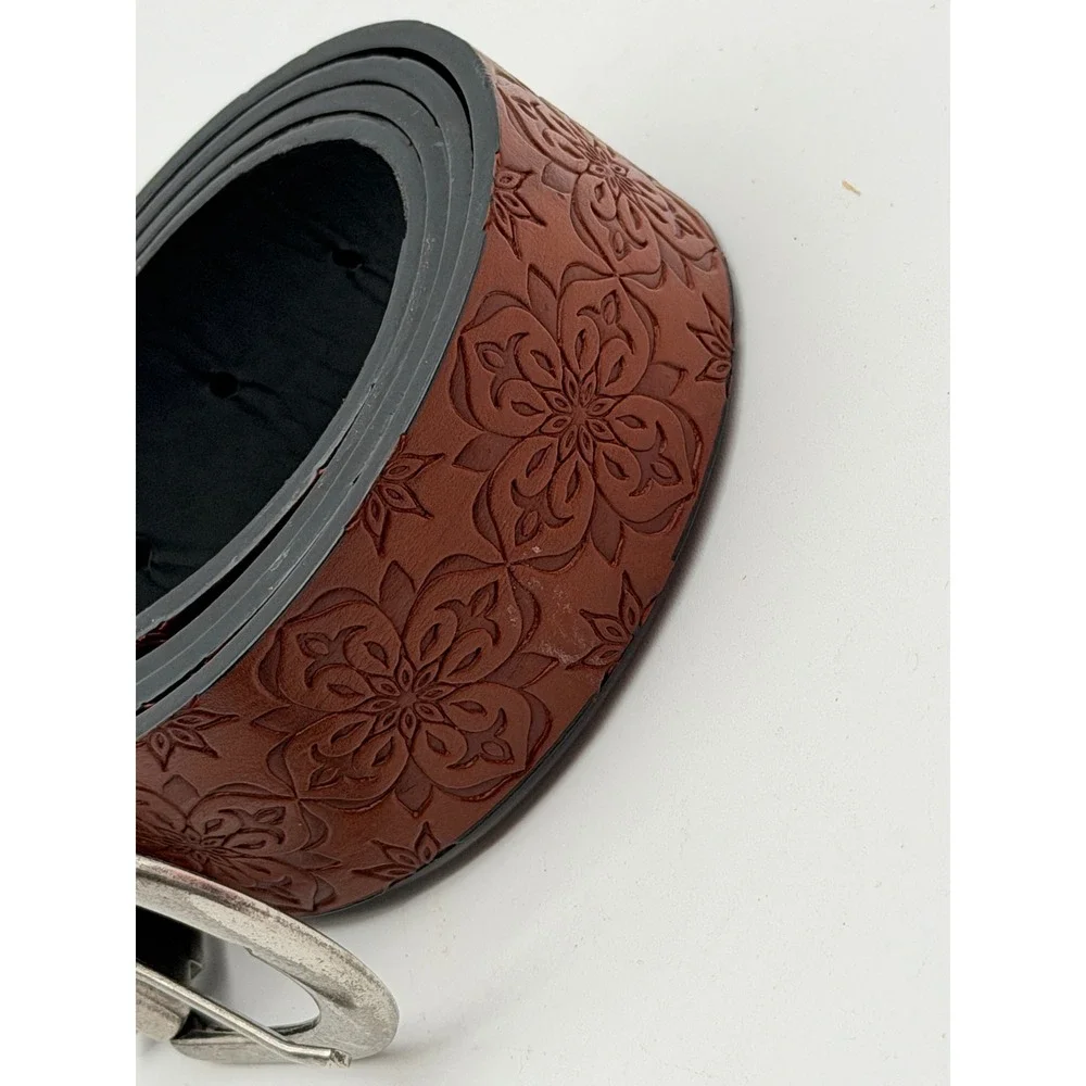 Womens Brown Floral Tooled Embossed Reversible Belt Silver Buckle Boho Western